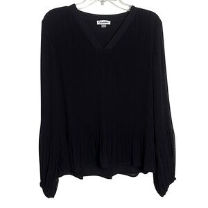 Calvin Klein Women’s Black Pleated Blouse Sheer Long Sleeve L Classic Minimalist